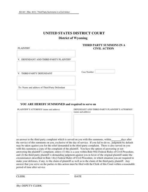 Form AO441 Third Party Summons in a Civil Action - Wyoming