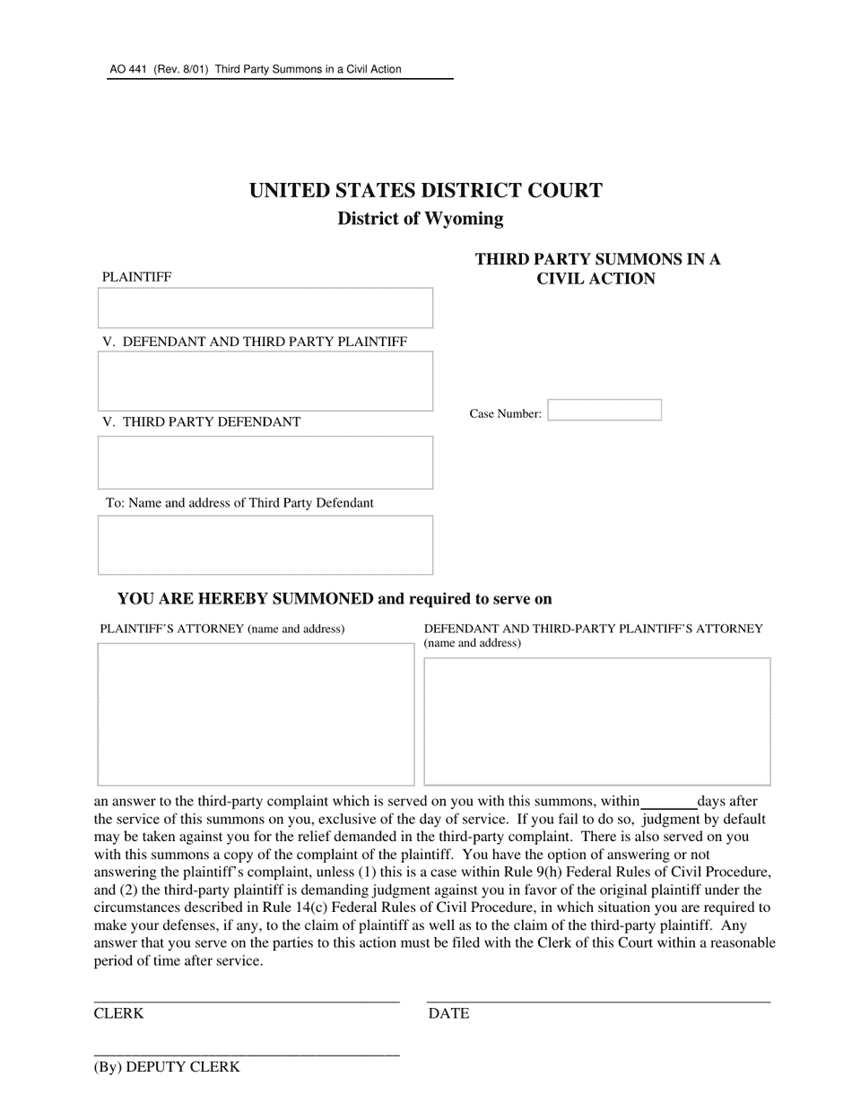 Form AO441 Third Party Summons in a Civil Action - Wyoming, Page 1