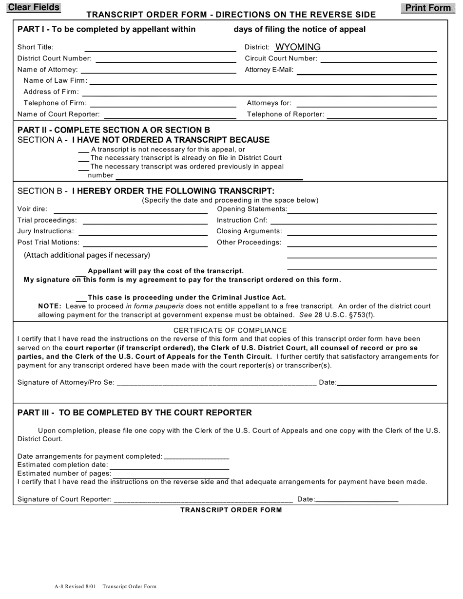 Form A-8 Transcript Order Form - Wyoming, Page 1