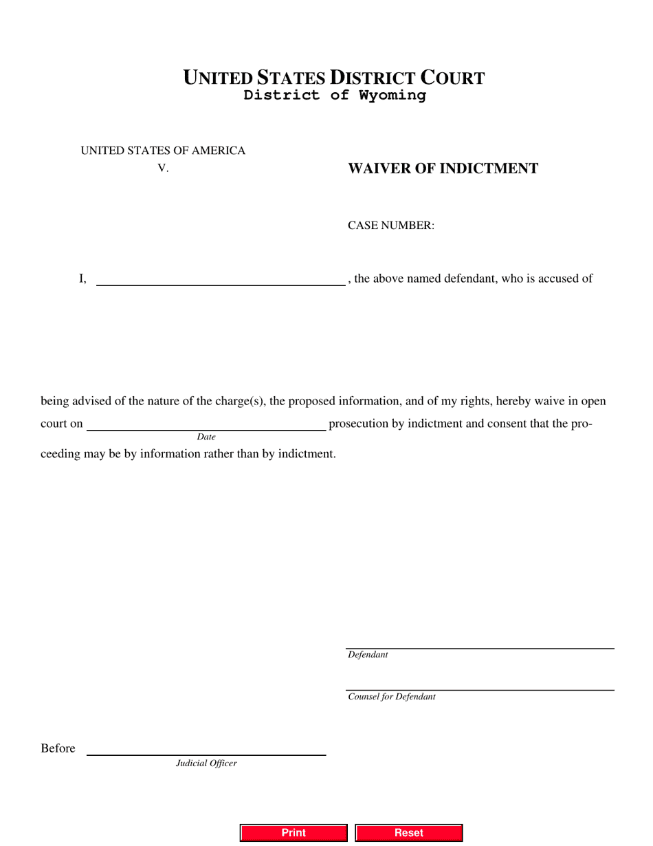 Wyoming Waiver of Indictment - Fill Out, Sign Online and Download PDF ...