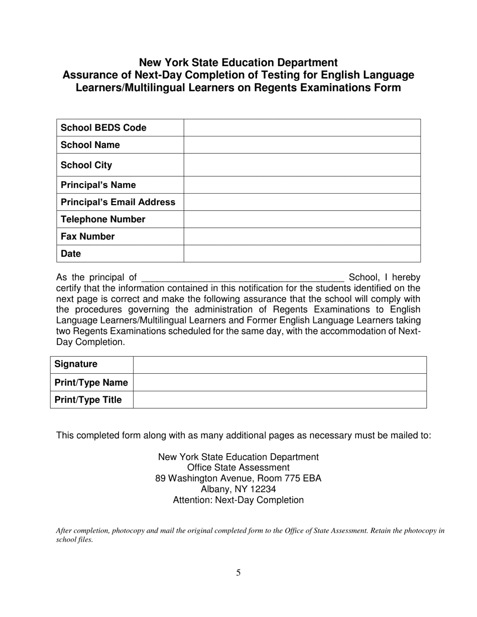 Assurance of Next-Day Completion of Testing for English Language Learners / Multilingual Learners on Regents Examinations Form - New York, Page 1
