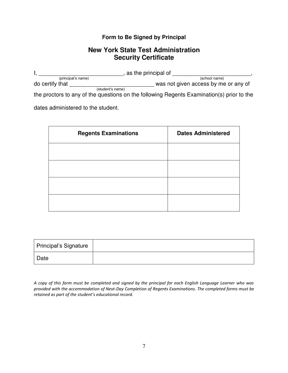 New York State Test Administration Security Certificate - New York, Page 1