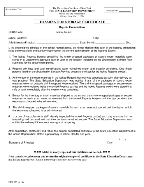 Form DET525 Examination Storage Certificate - New York