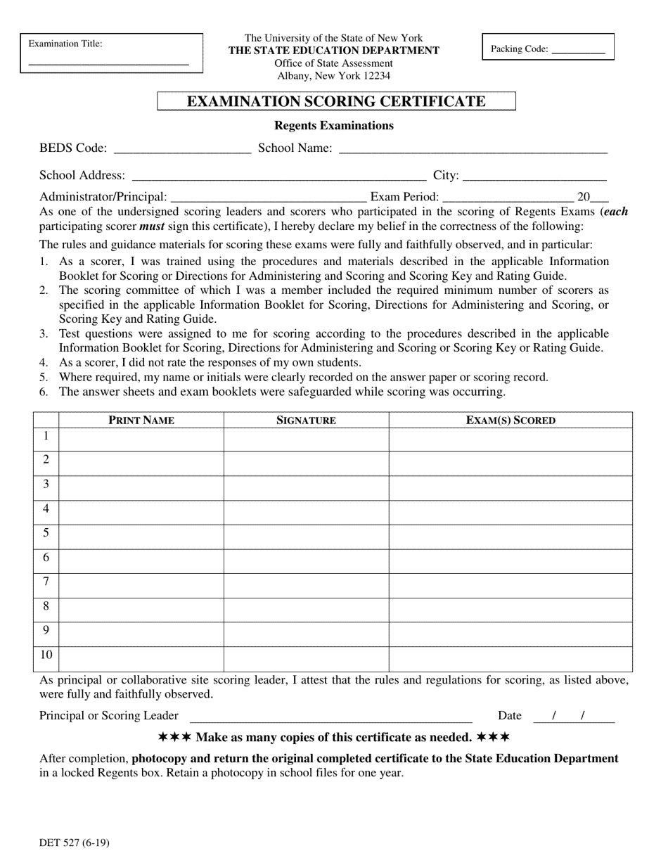 Form DET527 Examination Scoring Certificate - New York, Page 1