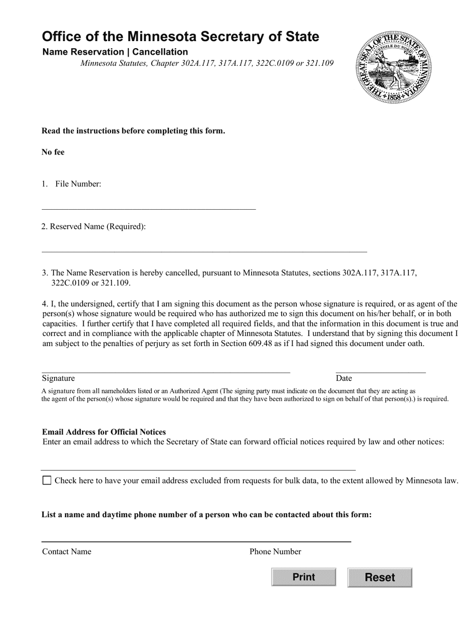 Name Reservation Cancellation - Minnesota, Page 1