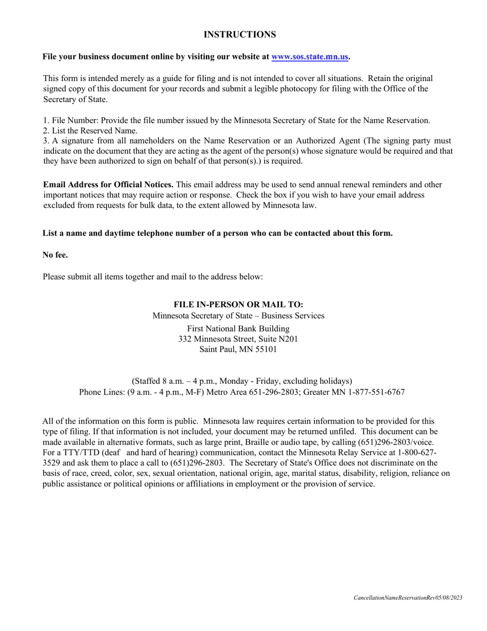 Name Reservation Cancellation - Minnesota, Page 2