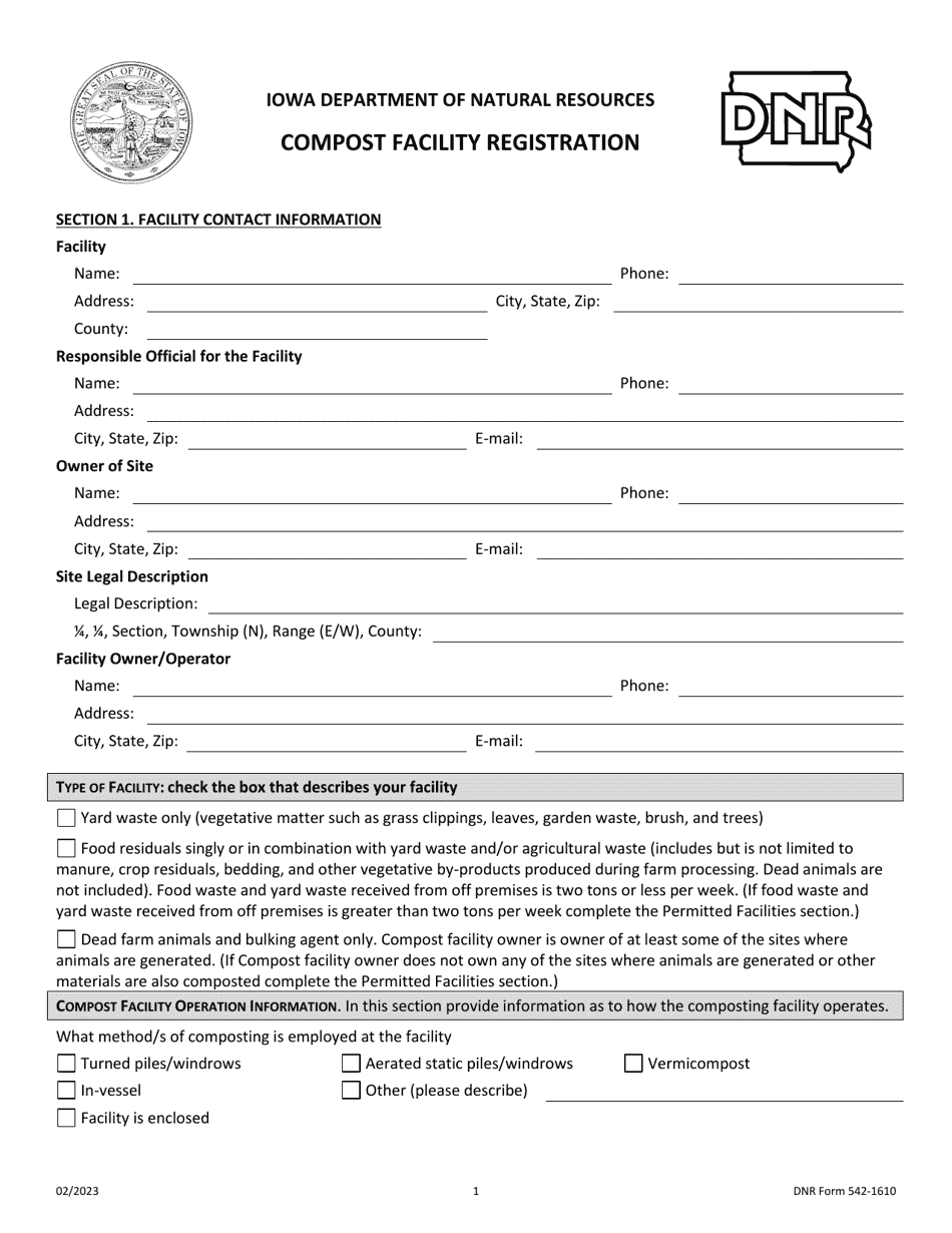 DNR Form 542-1610 Compost Facility Registration - Iowa, Page 1