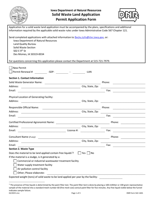 DNR Form 542-1601 Solid Waste Land Application - Permit Application Form - Iowa