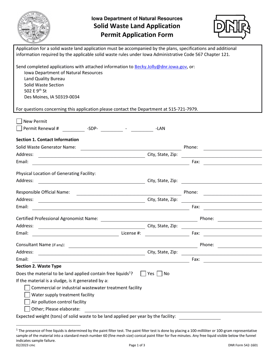 DNR Form 542-1601 Solid Waste Land Application - Permit Application Form - Iowa, Page 1
