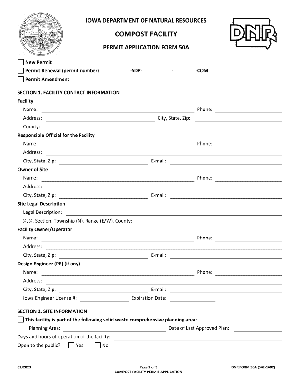 DNR Form 50A (542-1602) Compost Facility Permit Application - Iowa, Page 1
