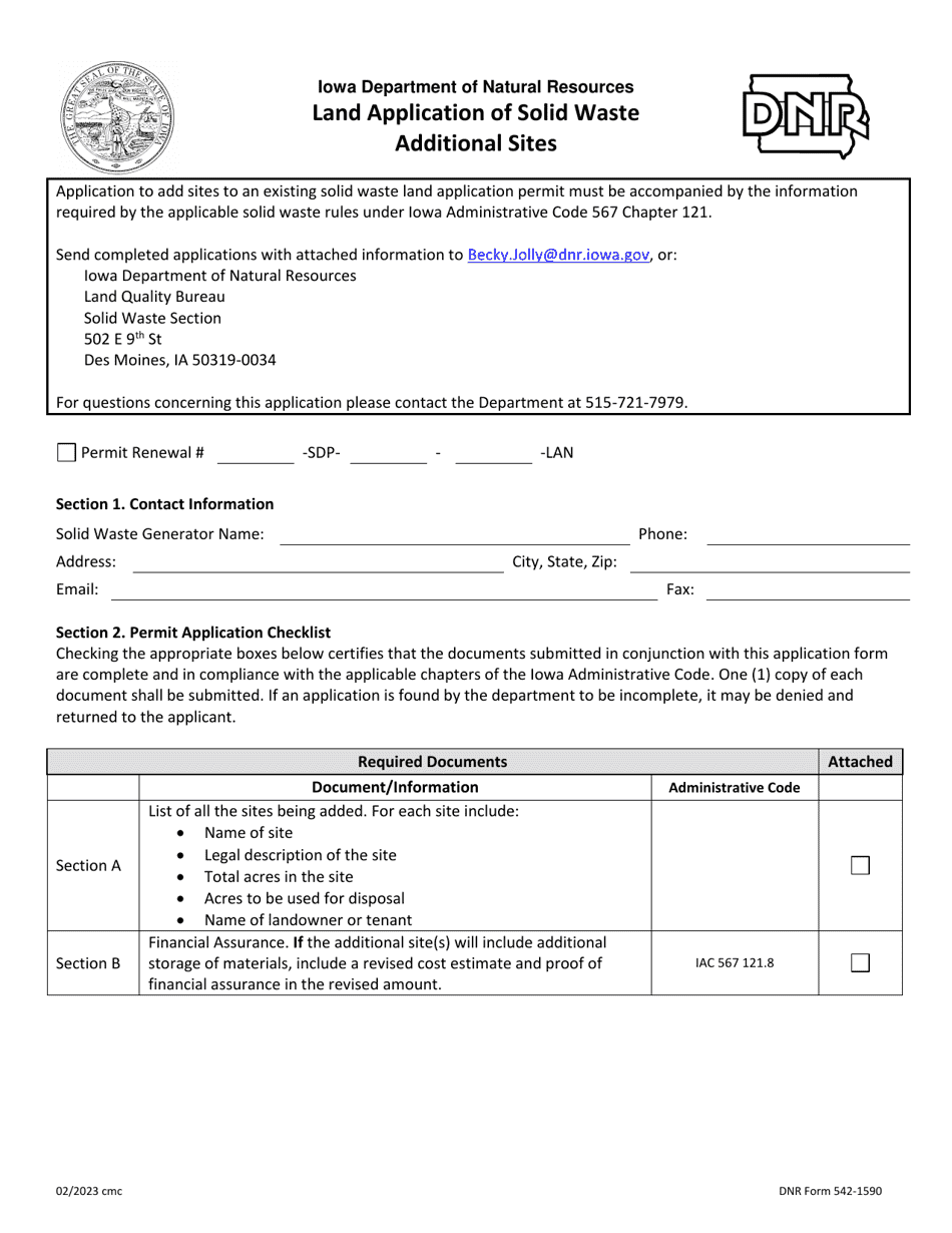 DNR Form 542-1590 Land Application of Solid Waste Additional Sites - Iowa, Page 1
