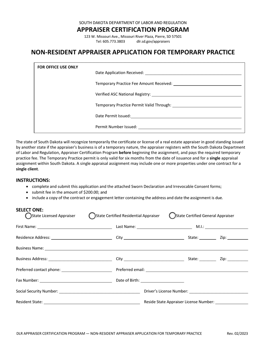 Non-resident Appraiser Application for Temporary Practice - South Dakota, Page 1