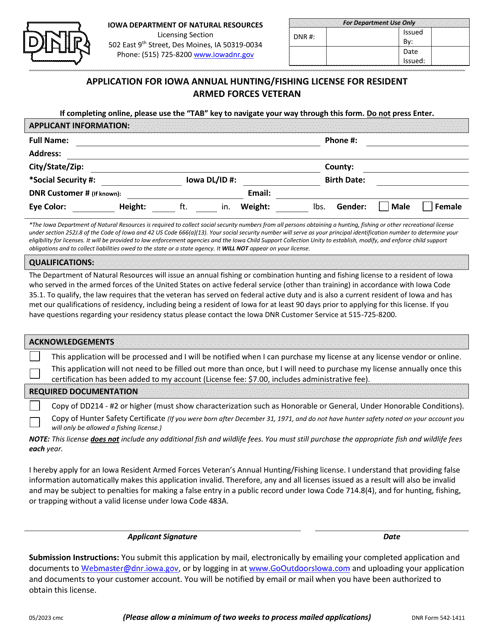 DNR Form 542-1411 Application for Iowa Annual Hunting/Fishing License for Resident Armed Forces Veteran - Iowa