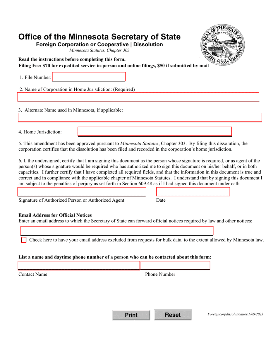 Foreign Corporation or Cooperative Dissolution - Minnesota, Page 1