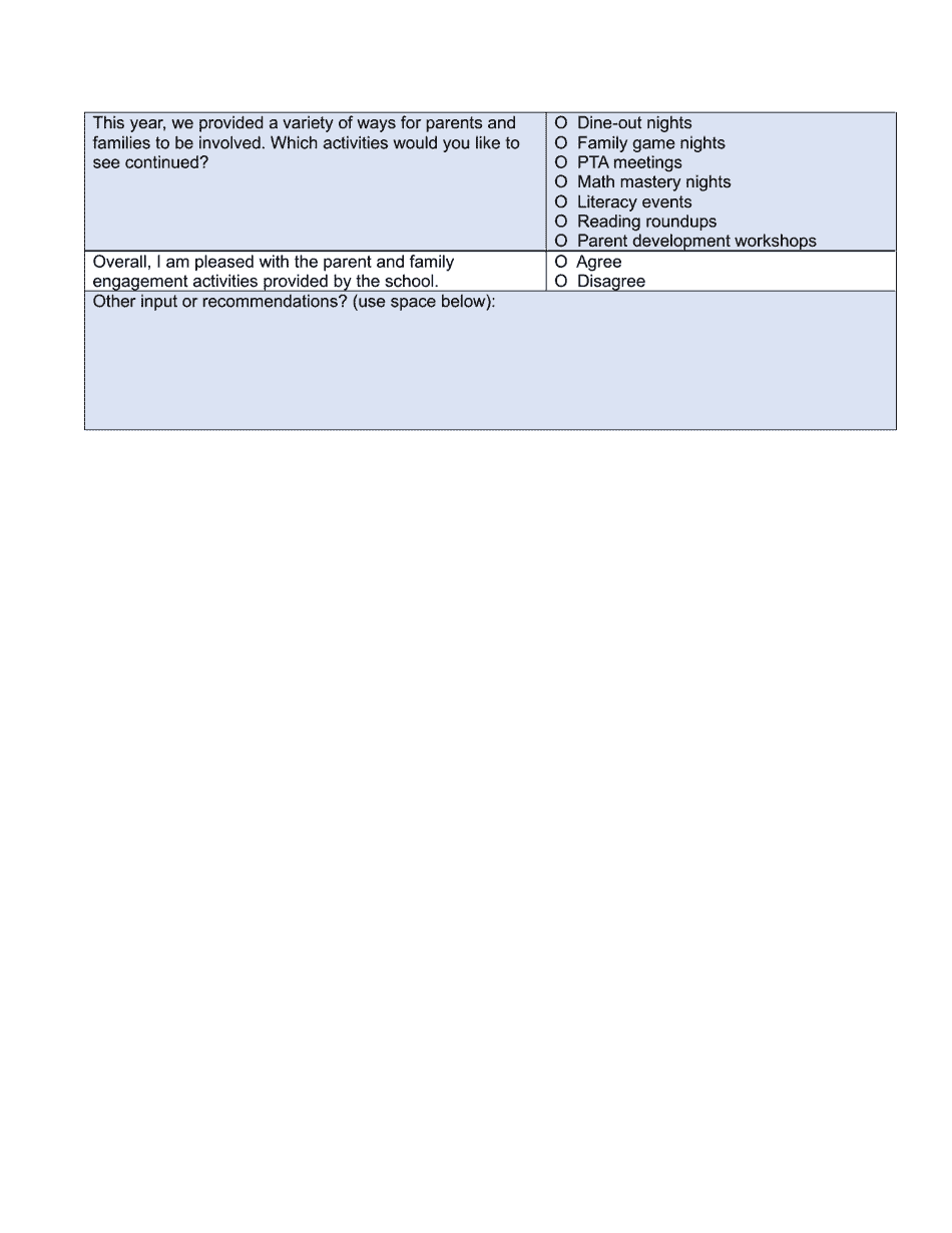 Sample Annual Parent and Family Engagement Feedback Survey - North Dakota, Page 2