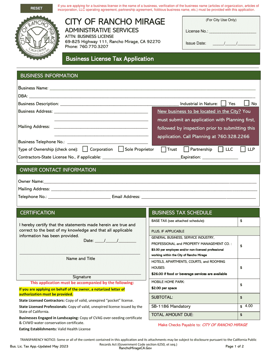 Business License Tax Application - City of Rancho Mirage, California, Page 1