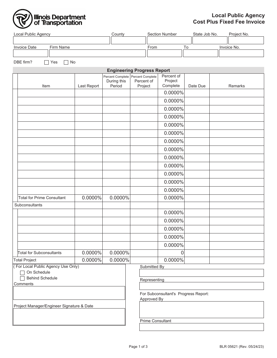 Form BLR05621 Local Public Agency Cost Plus Fixed Fee Invoice - Illinois, Page 1