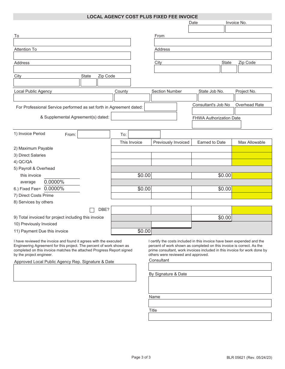 Form BLR05621 Local Public Agency Cost Plus Fixed Fee Invoice - Illinois, Page 3
