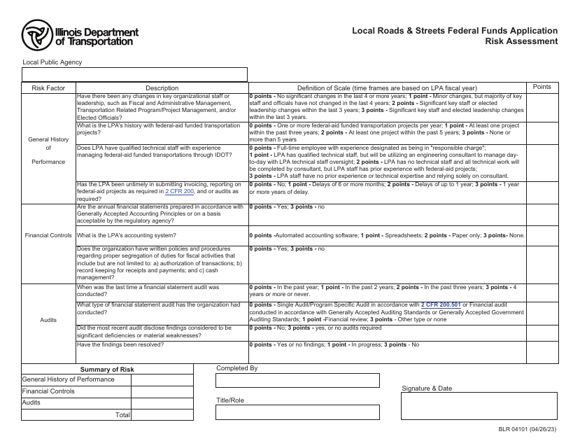Form BLR04101 Local Roads & Streets Federal Funds Application Risk Assessment - Illinois