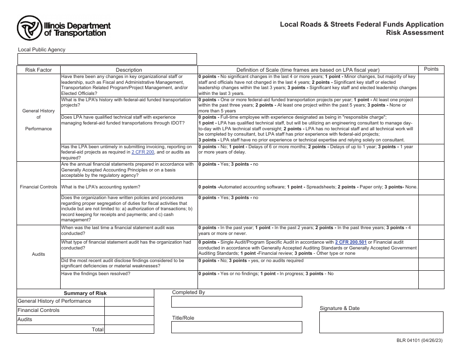 Form BLR04101 Local Roads  Streets Federal Funds Application Risk Assessment - Illinois, Page 1