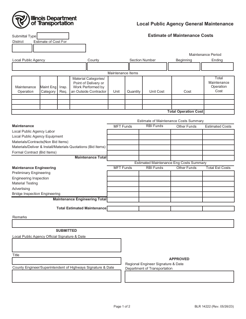 Form BLR14222 Local Public Agency General Maintenance - Estimate of Cost/Maintenance Expenditure Statement - Illinois
