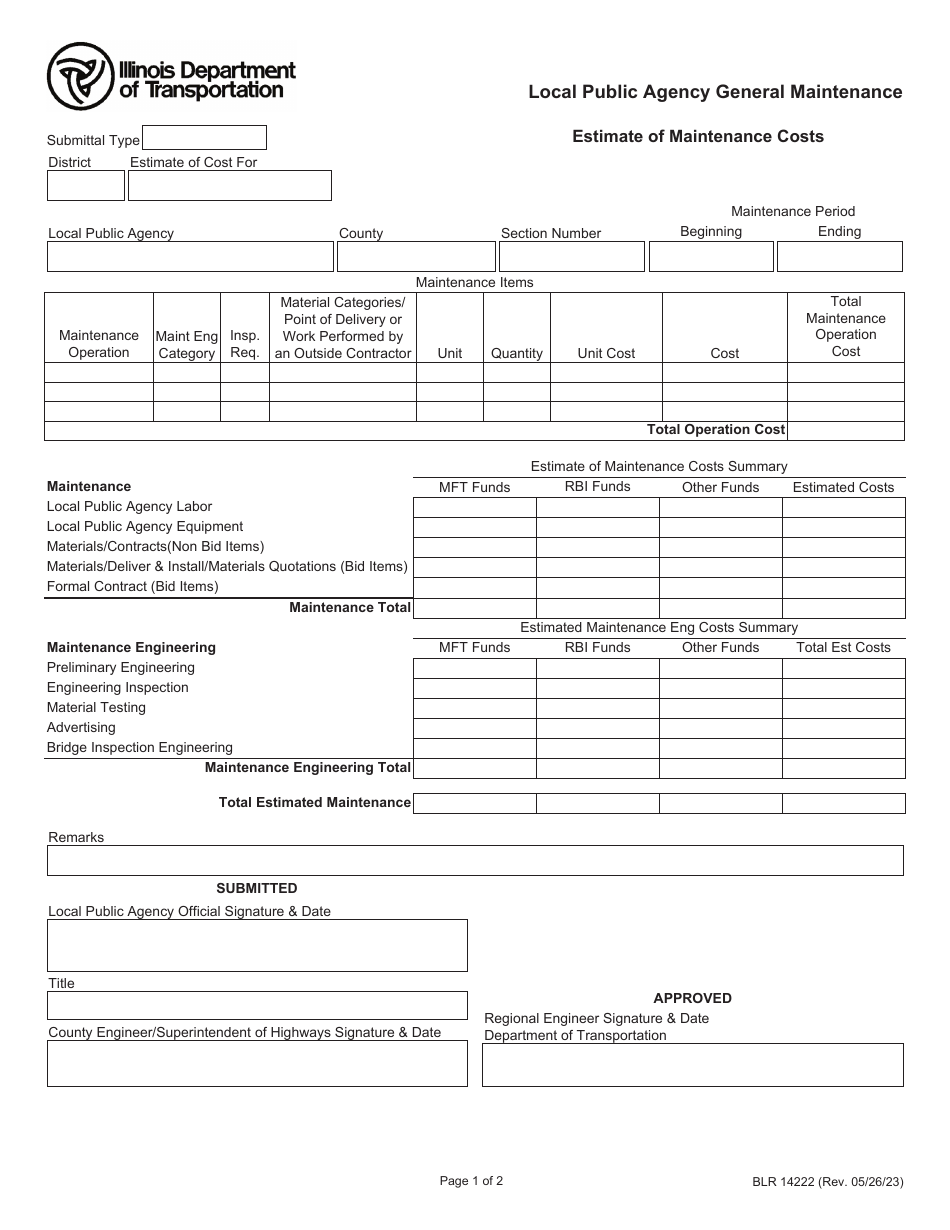 Form BLR14222 Local Public Agency General Maintenance - Estimate of Cost / Maintenance Expenditure Statement - Illinois, Page 1