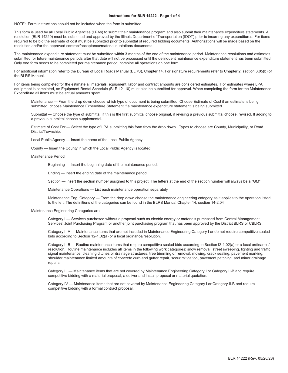 Form BLR14222 Local Public Agency General Maintenance - Estimate of Cost / Maintenance Expenditure Statement - Illinois, Page 3