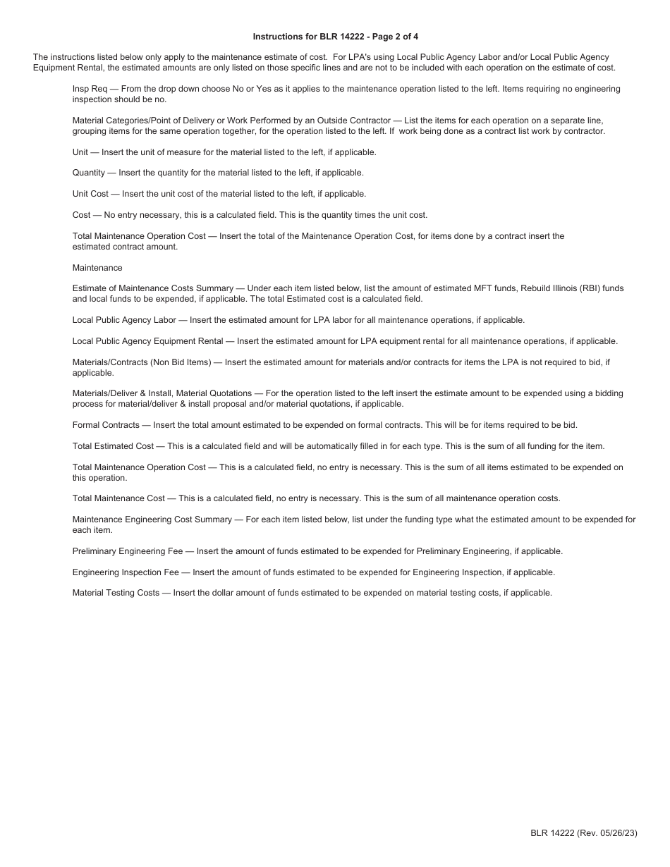 Form BLR14222 Local Public Agency General Maintenance - Estimate of Cost / Maintenance Expenditure Statement - Illinois, Page 4