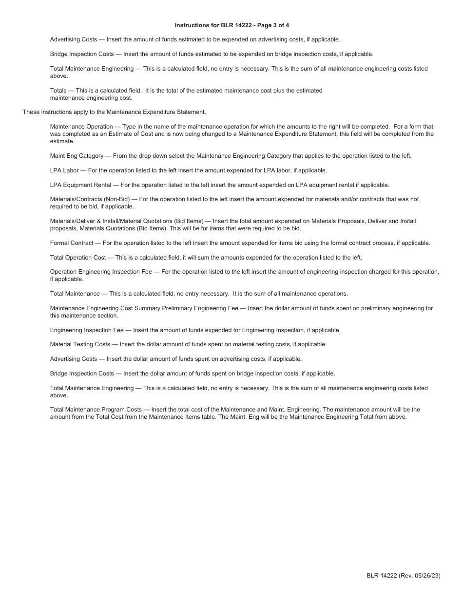 Form BLR14222 Local Public Agency General Maintenance - Estimate of Cost / Maintenance Expenditure Statement - Illinois, Page 5