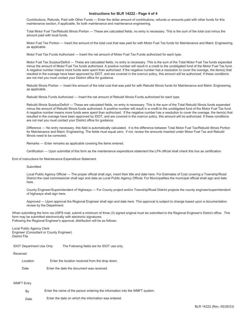 Form BLR14222 Local Public Agency General Maintenance - Estimate of Cost / Maintenance Expenditure Statement - Illinois, Page 6