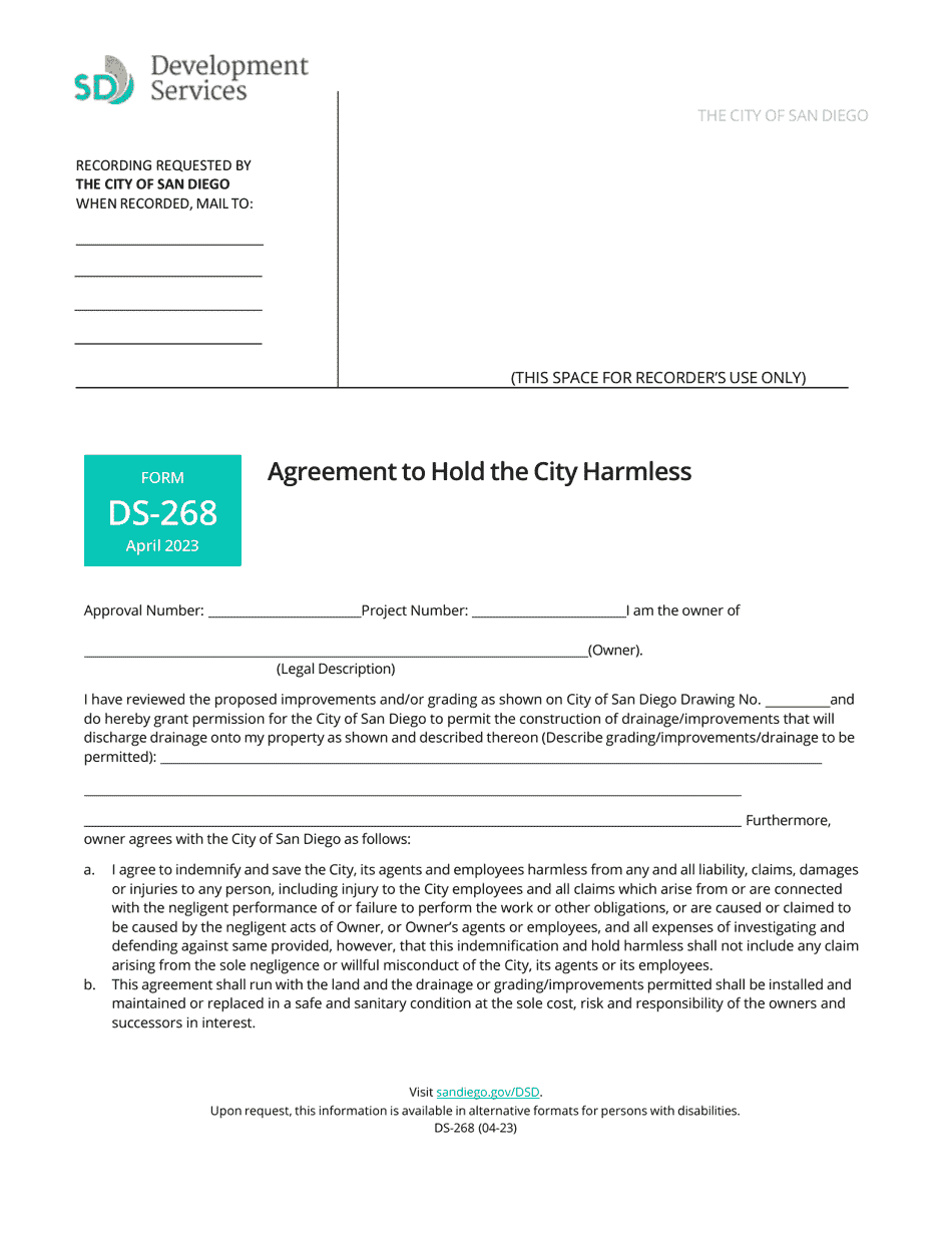 Form DS-268 Agreement to Hold the City Harmless - City of San Diego, California, Page 1