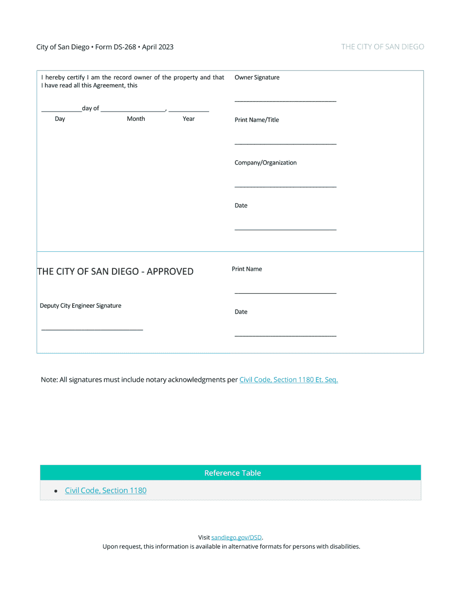 Form DS-268 Agreement to Hold the City Harmless - City of San Diego, California, Page 2
