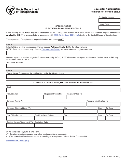 Form BDE124 Request for Authorization to Bid/Or Not for Bid Status - Illinois