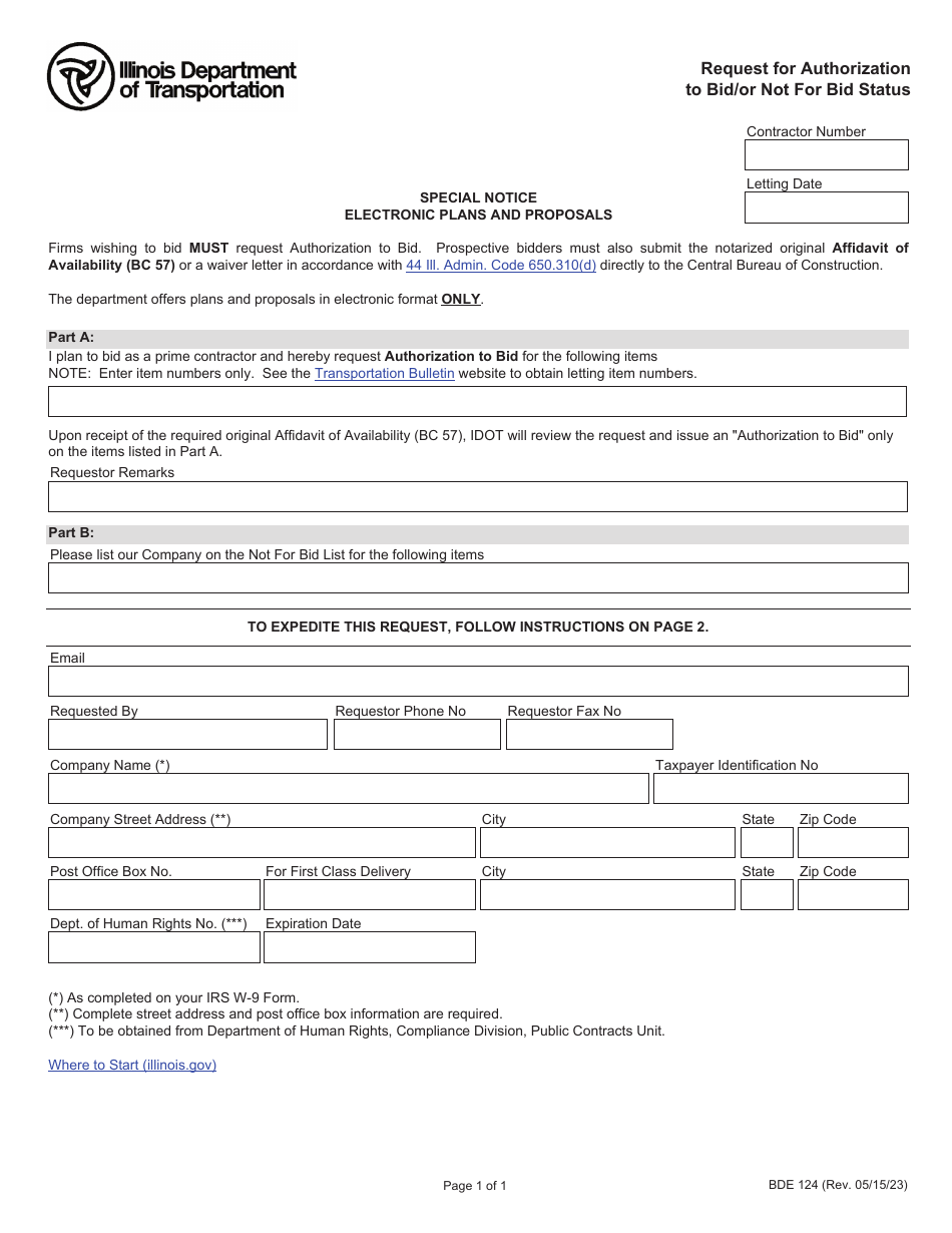 Form BDE124 Request for Authorization to Bid / Or Not for Bid Status - Illinois, Page 1