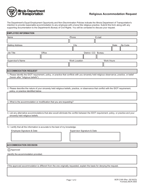 Form BCR2190 Religious Accommodation Request - Illinois
