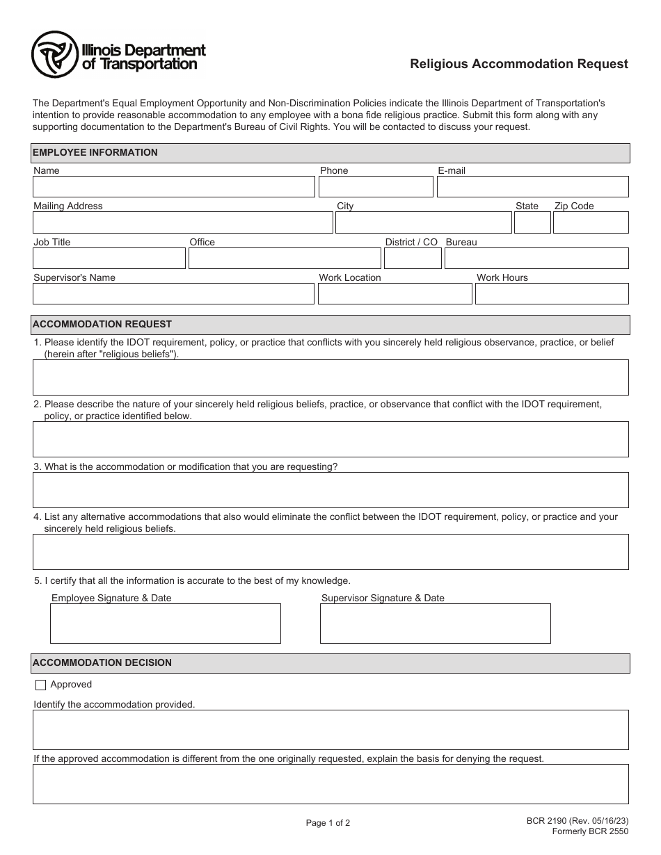 Form BCR2190 Religious Accommodation Request - Illinois, Page 1