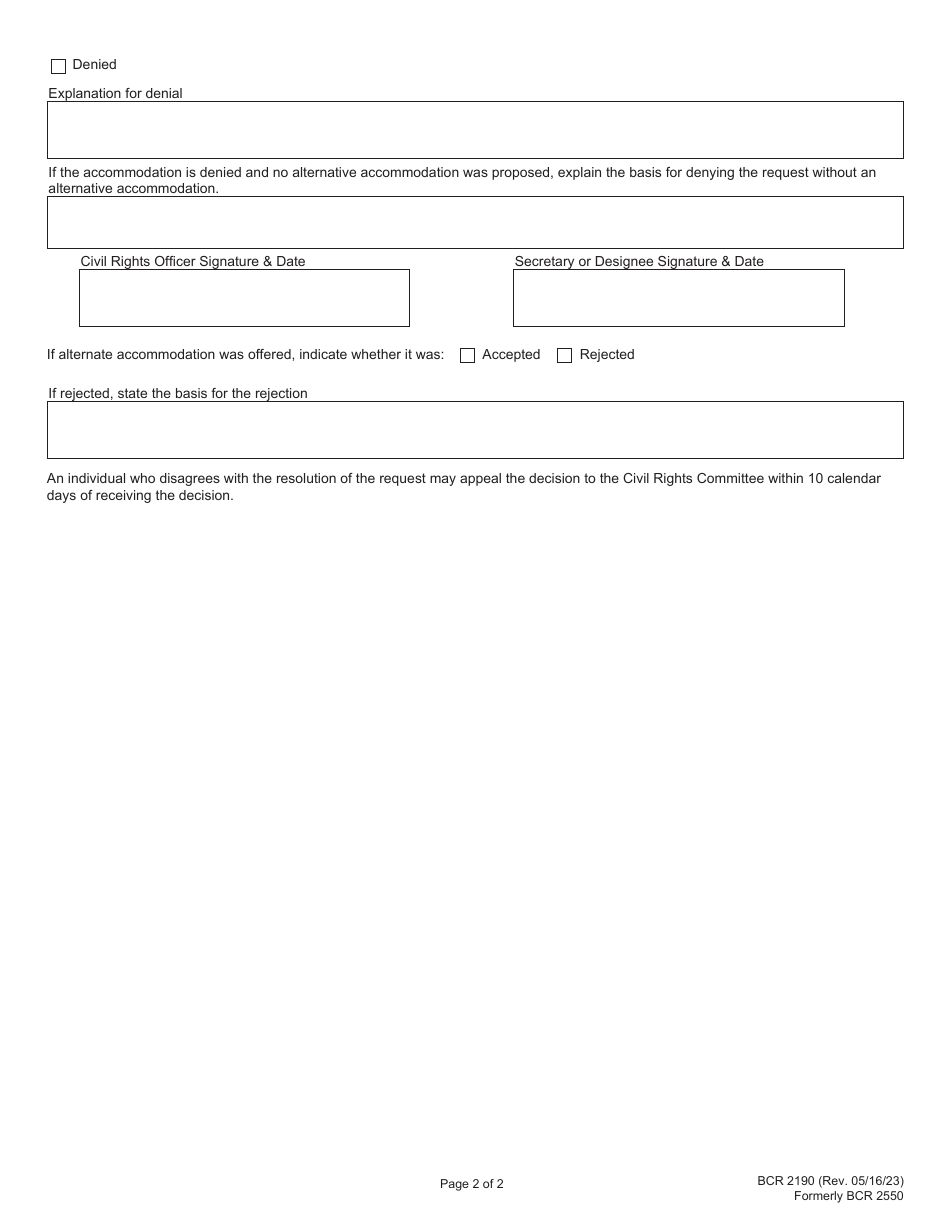 Form BCR2190 Religious Accommodation Request - Illinois, Page 2