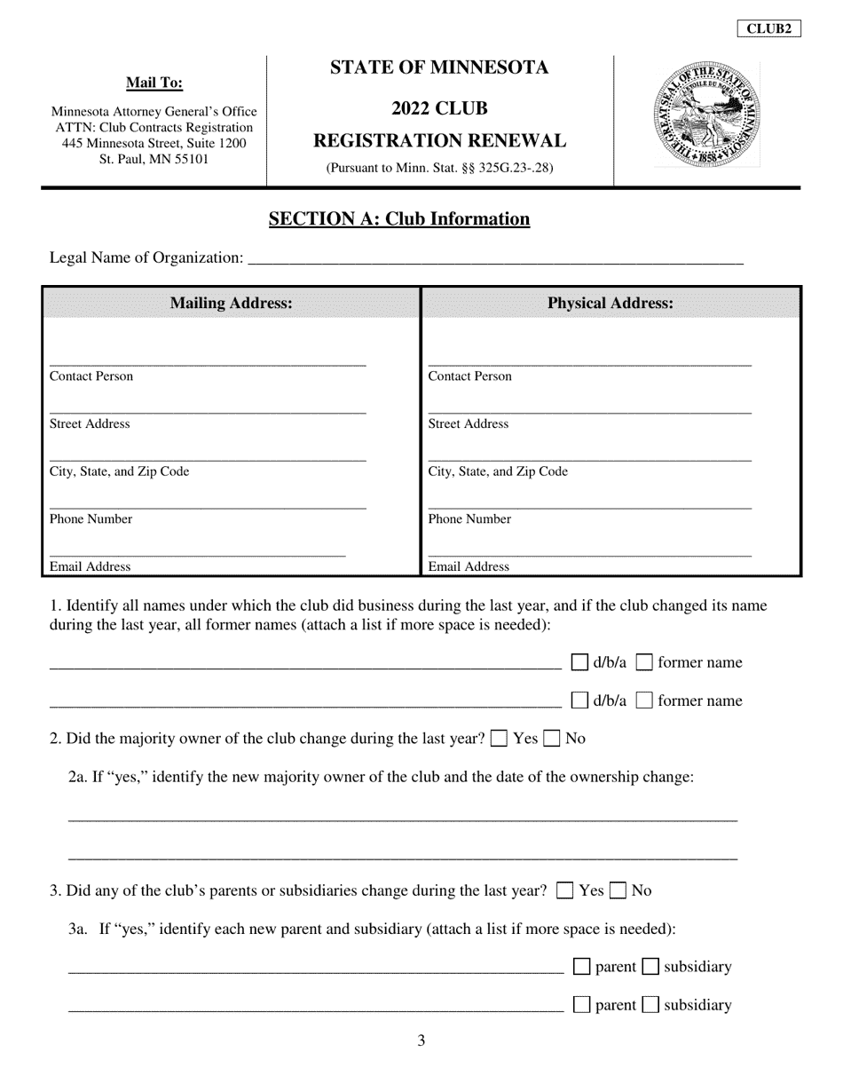 Form Club2 Download Fillable Pdf Or Fill Online Club Registration Renewal 2022 Minnesota 7706