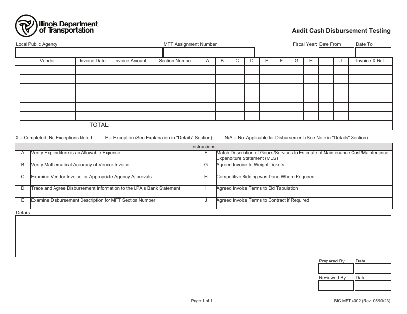 Form BIC MFT4002 Audit Cash Disbursement Testing - Illinois