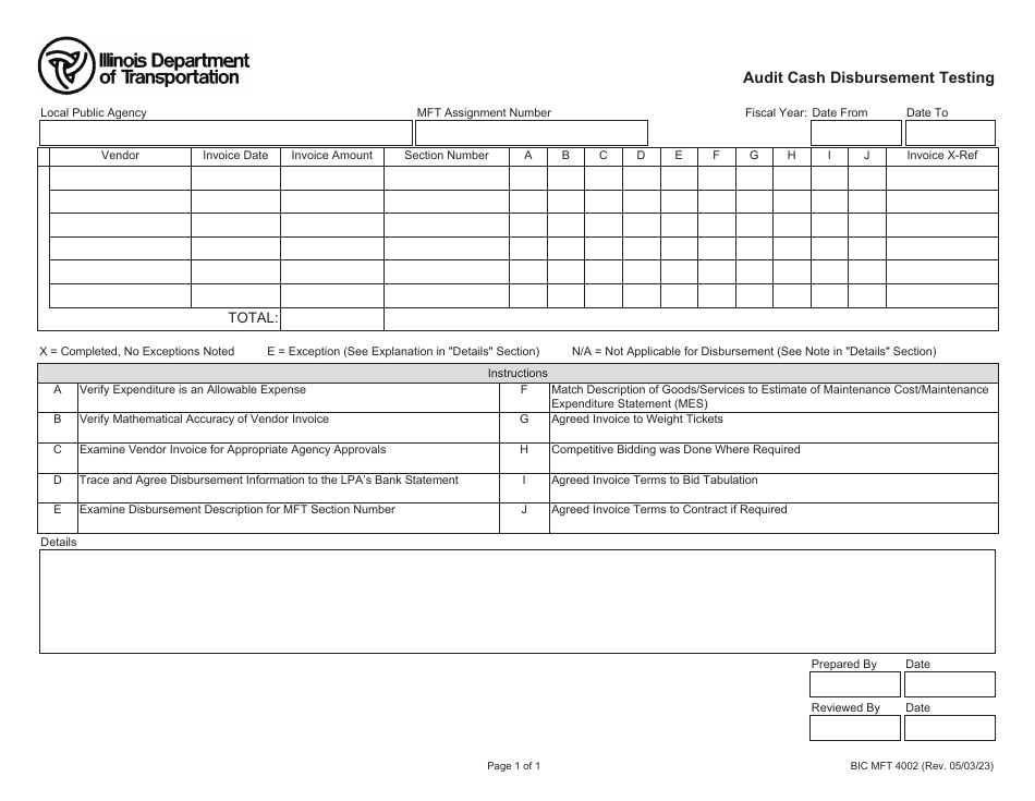 Form BIC MFT4002 Audit Cash Disbursement Testing - Illinois, Page 1