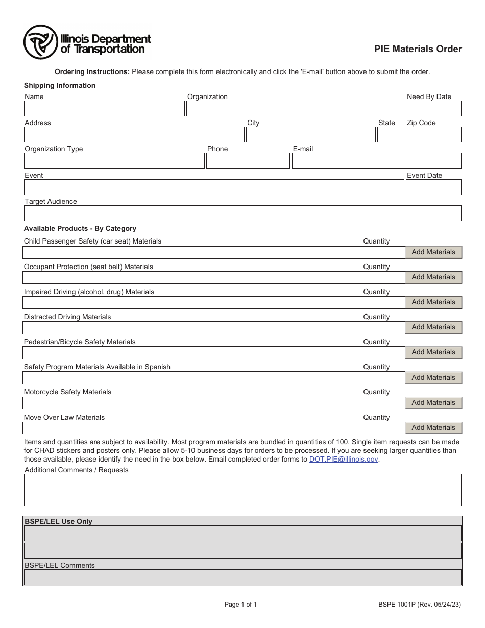 Form BSPE1001P Pie Materials Order - Illinois, Page 1