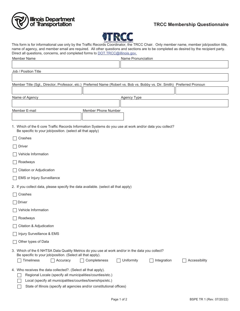 Form BSPE TR1 Trcc Membership Questionnaire - Illinois, Page 1