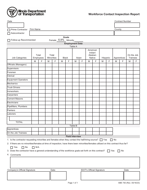Form SBE750 Workforce Contact Inspection Report - Illinois