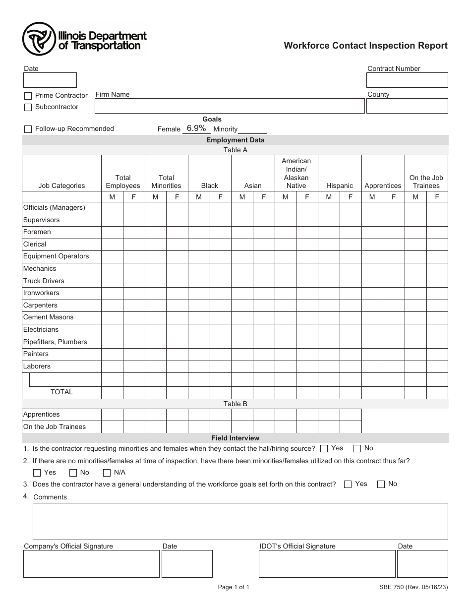 Form SBE750 Workforce Contact Inspection Report - Illinois, Page 1