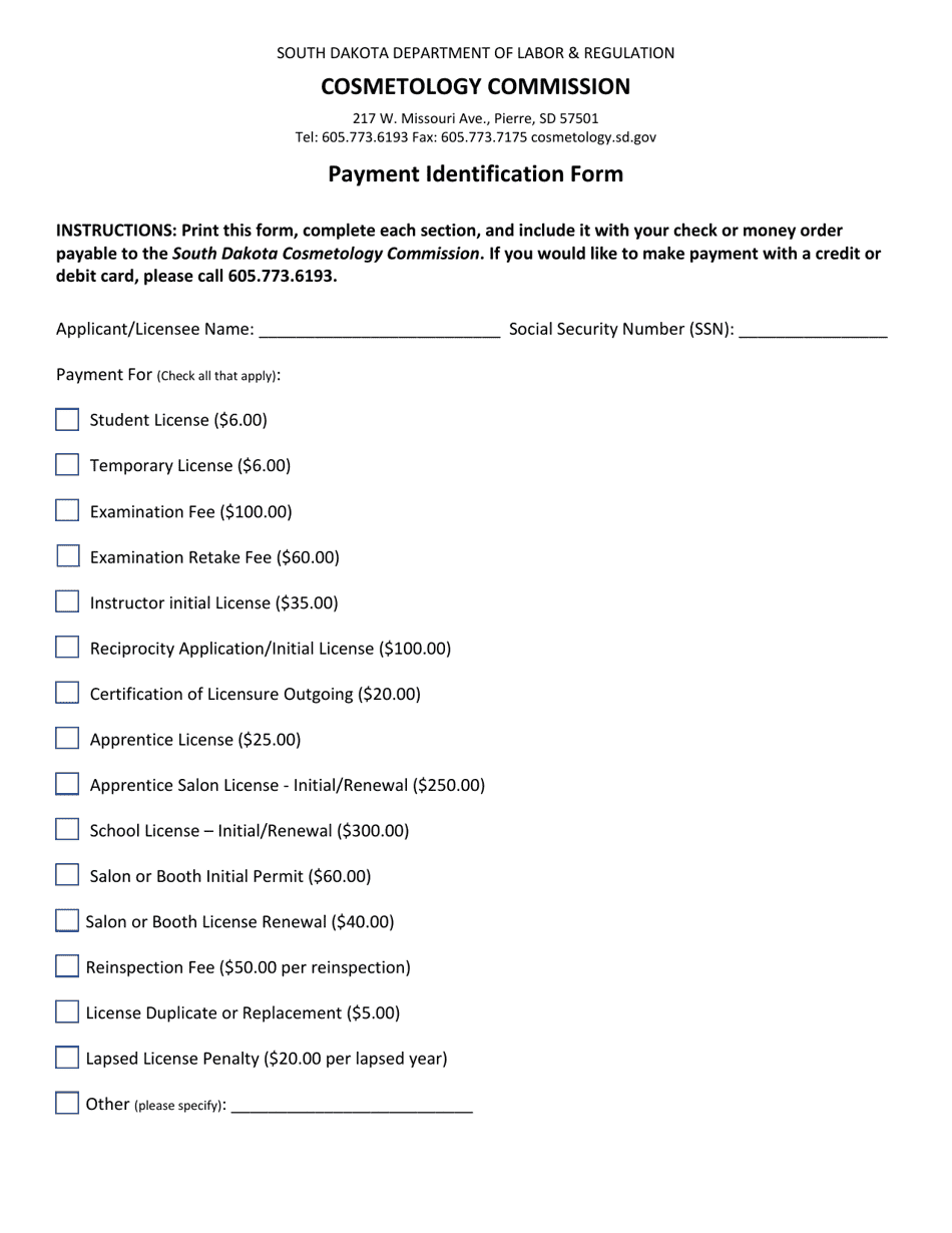 Payment Identification Form - South Dakota, Page 1