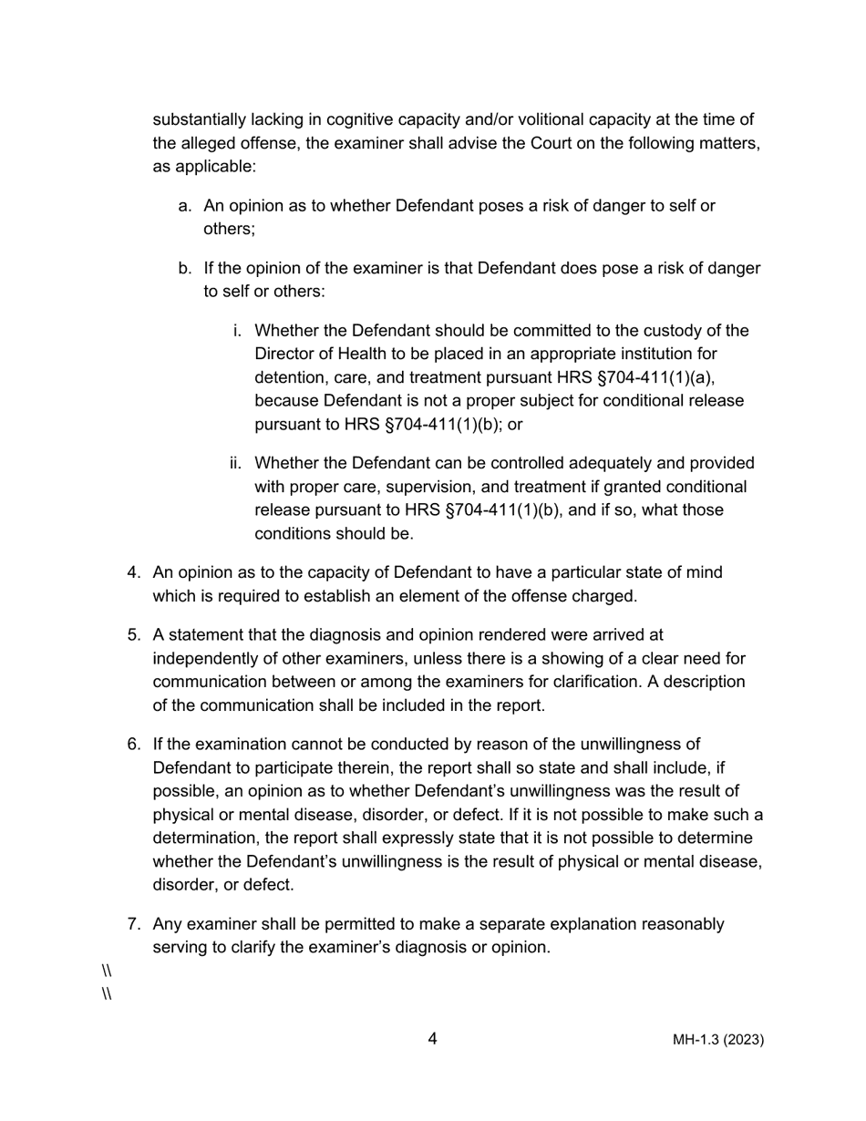 Form MH-1.3 (3C-P-507) Order for Examination of Defendant as to Penal Responsibility Pursuant to Hrs Chapter 704 and Order for Transport - Hawaii, Page 4