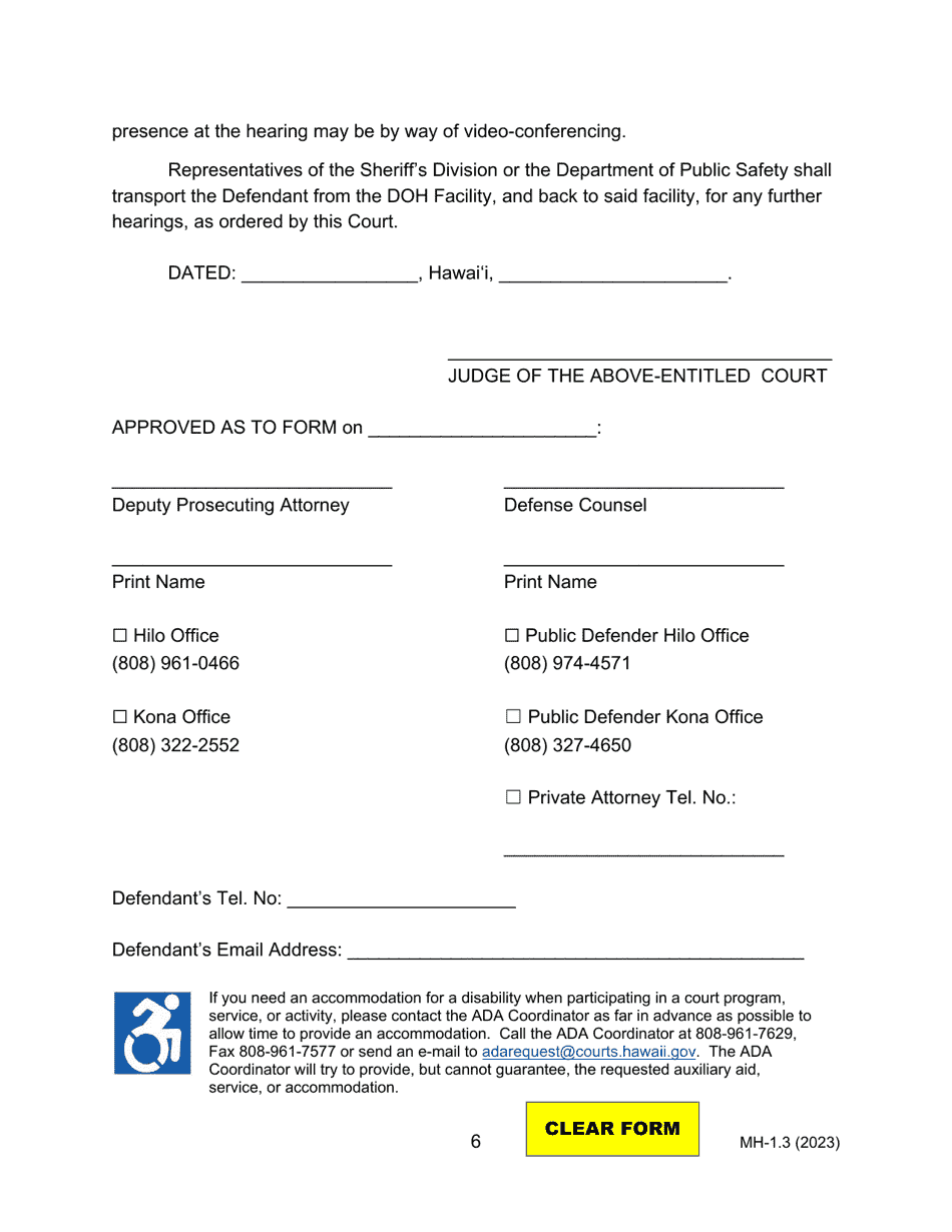 Form MH-1.3 (3C-P-507) Order for Examination of Defendant as to Penal Responsibility Pursuant to Hrs Chapter 704 and Order for Transport - Hawaii, Page 6