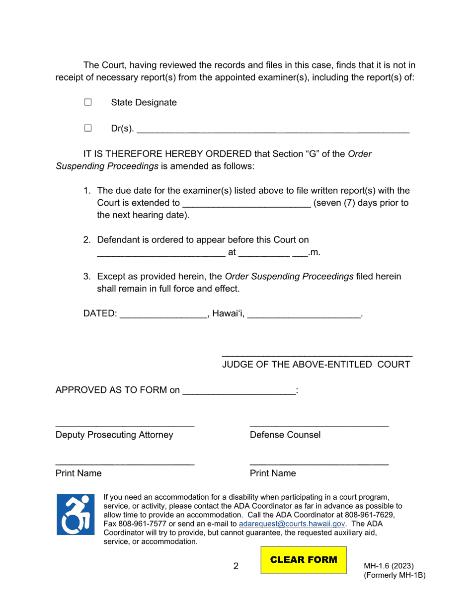 Form MH-1.6 (3C-P-510) Order Extending Deadlines for Submission of Report(S) From Examiner(S) and Setting Further Court Date - Hawaii, Page 2