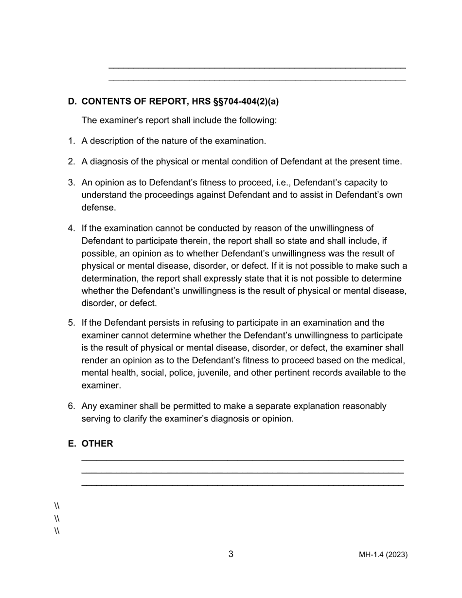 Form MH-1.4 (3C-P-508) Order Suspending Proceedings for Examination of Defendant Pursuant to Hrs Chapter 704 and Order for Transport (Act 26) - Hawaii, Page 3