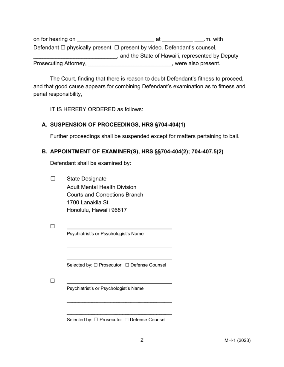 Form MH-1 (3C-P-505) Order Suspending Proceedings for Examination of Defendant as to Fitness and Penal Responsibility Pursuant to Hrs Chapter 704 and Order for Transport - Hawaii, Page 2